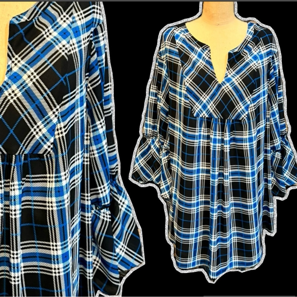 Liz Claiborne tartan plaid peasant blouse top bell ruffle sleeves lightweight